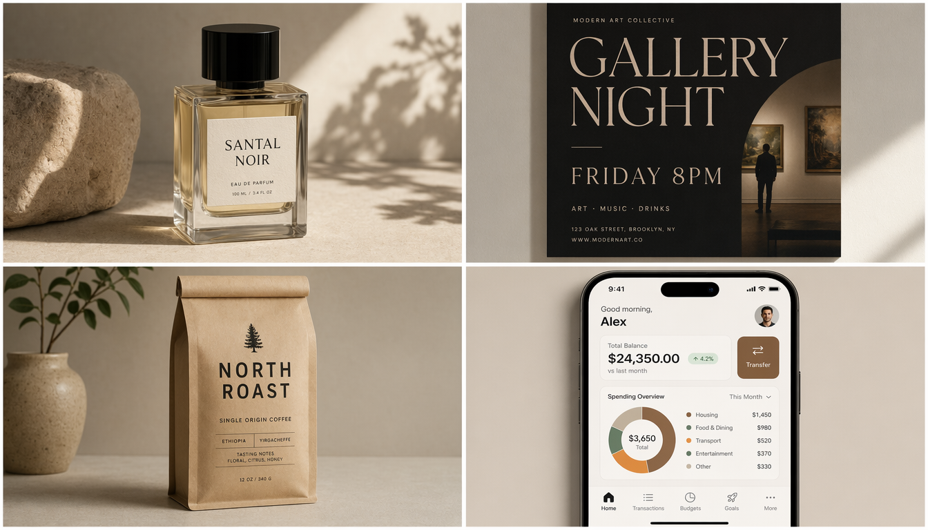 Collage of a product shot, poster, packaging concept, and UI mockup
