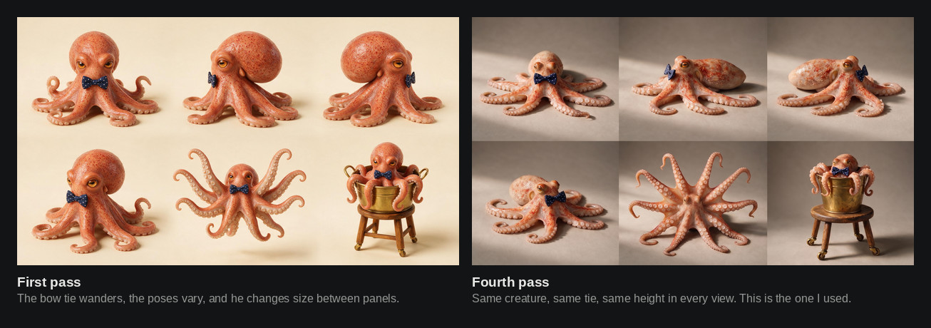 Two octopus character reference sheets side by side. In the first the bow tie moves between panels and the creature changes size. In the second all six views match in scale, pose and detail