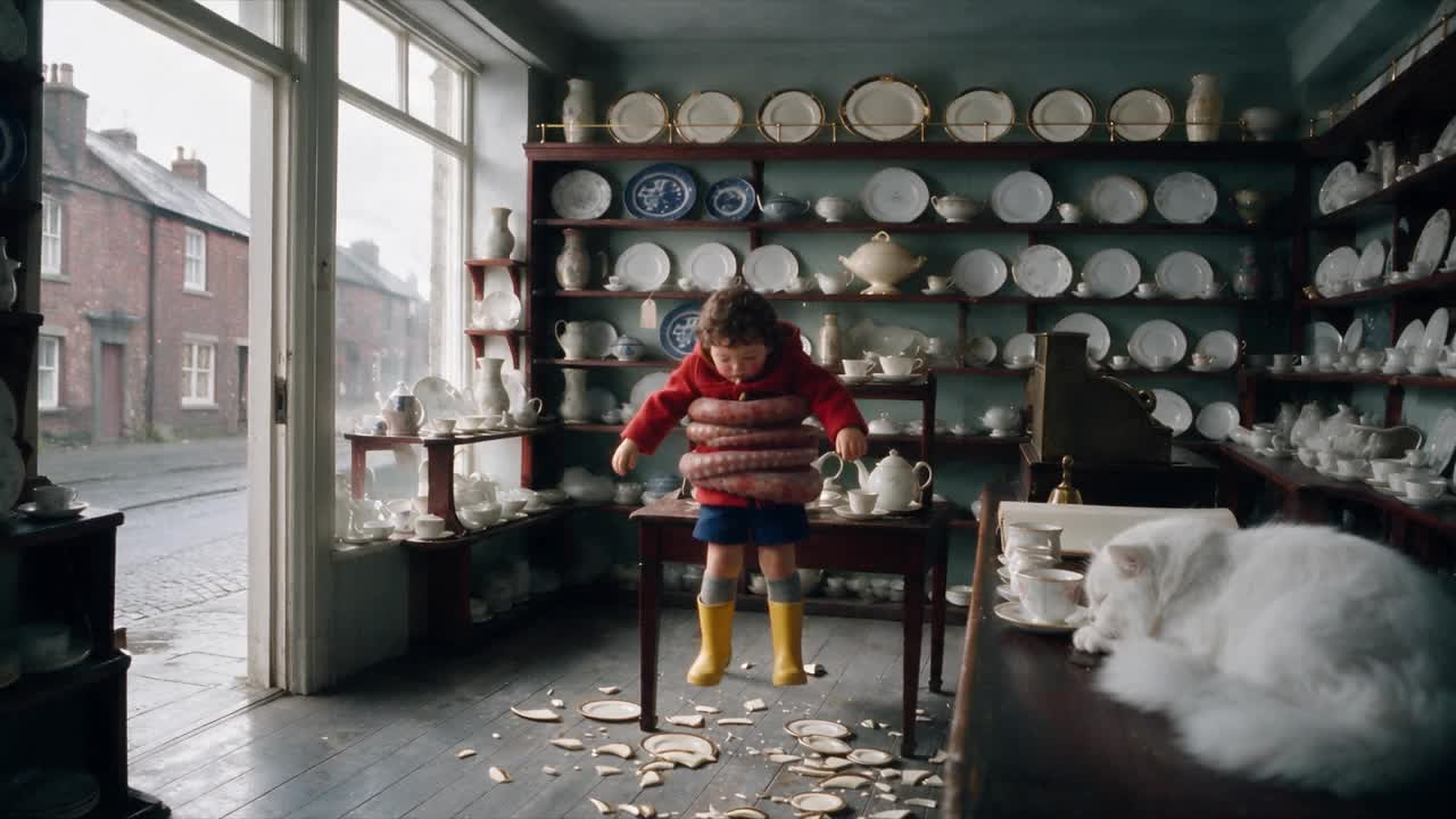 A small boy in a red duffle coat and yellow wellington boots standing alone in the middle of an antique china shop, surrounded by a ring of broken gold-rimmed plates on the floorboards